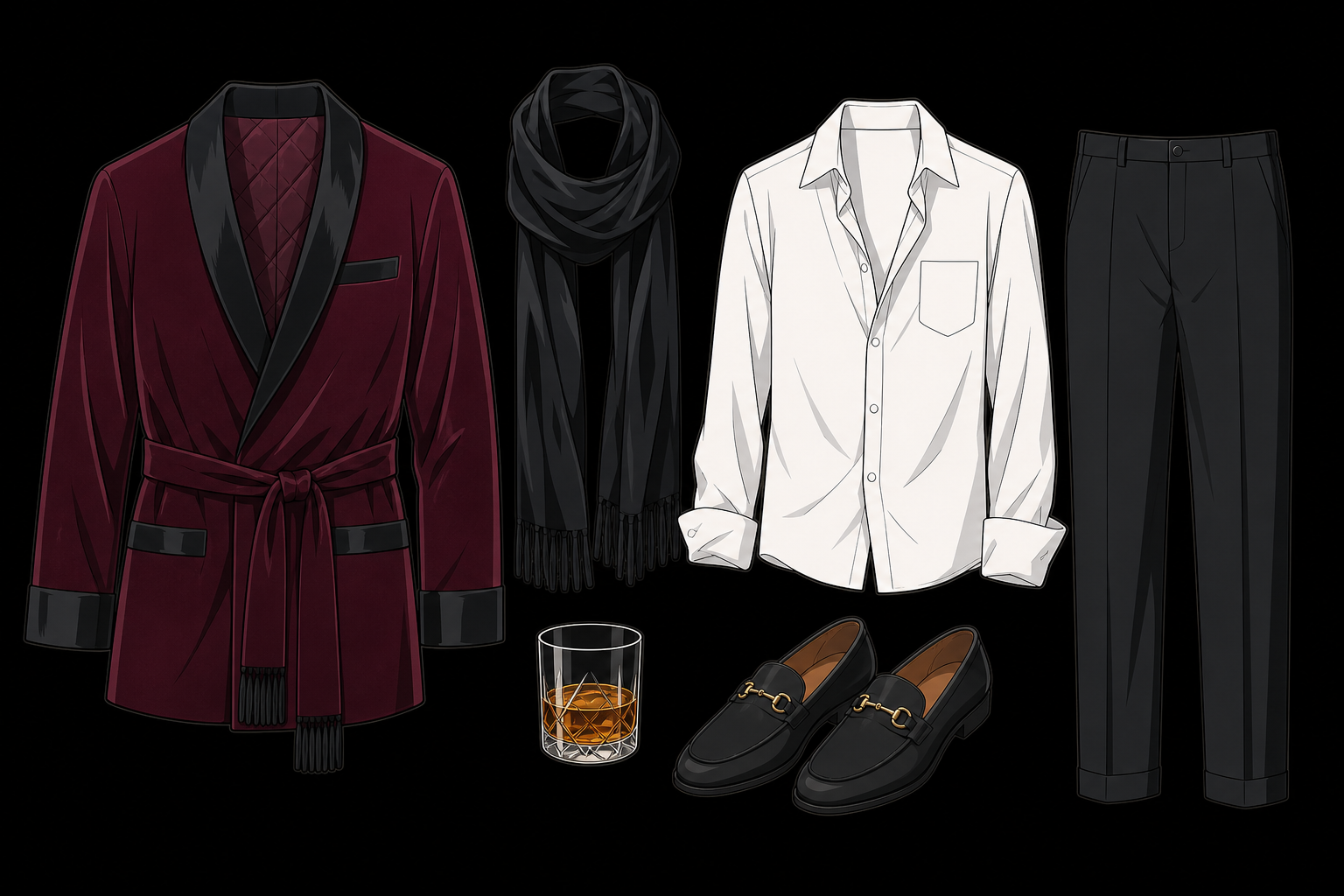 Frankie lounge jacket wardrobe reference — burgundy smoking jacket