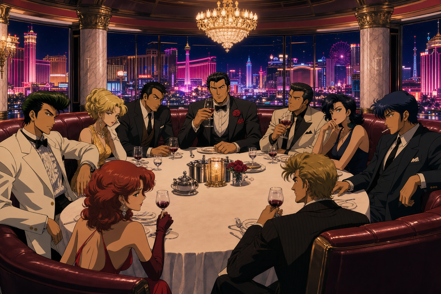 SAI Neon Mirage cel-anime ensemble table scene reference