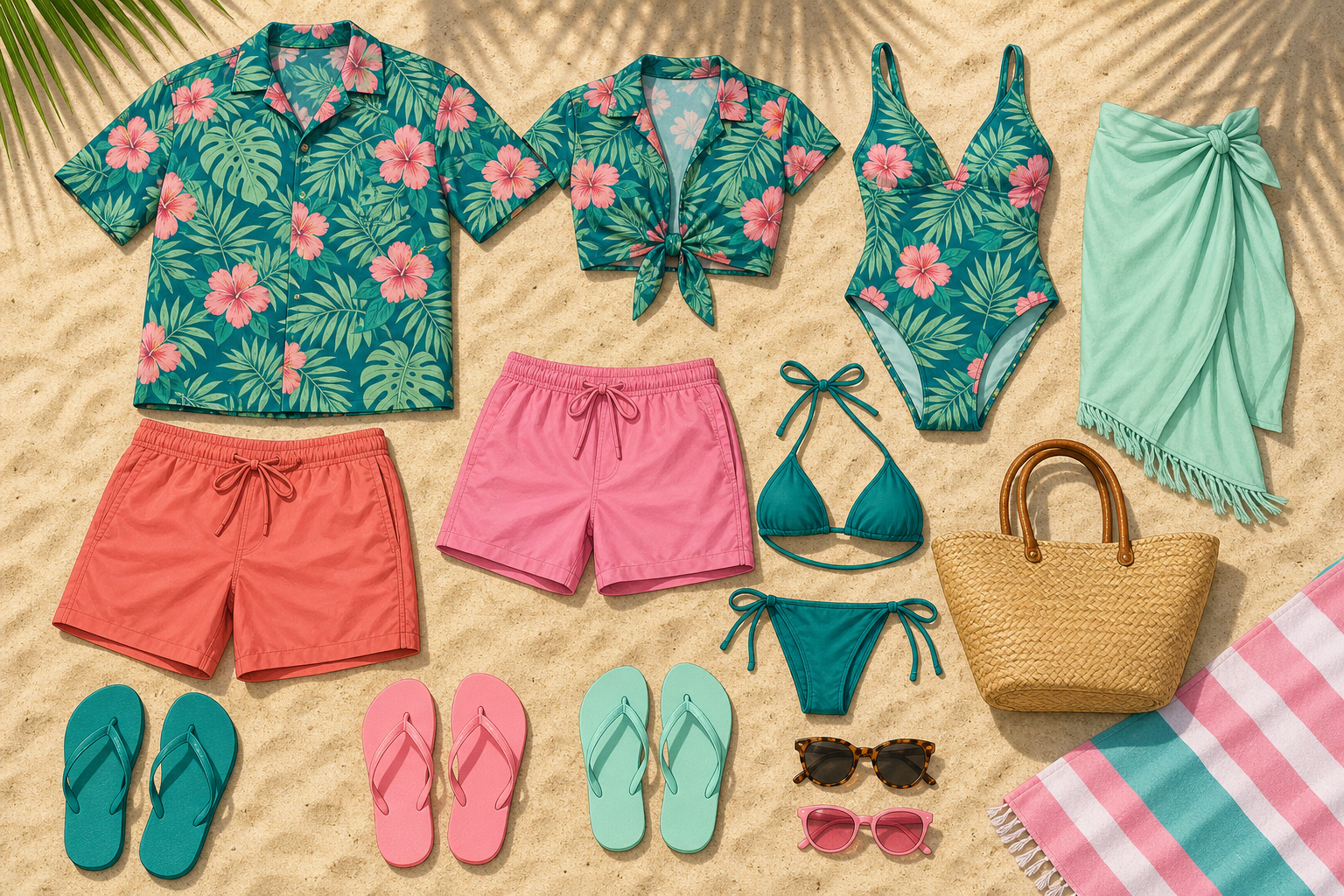 SAI Summer beach wardrobe reference - Hawaiian shirts and swimsuits flat lay