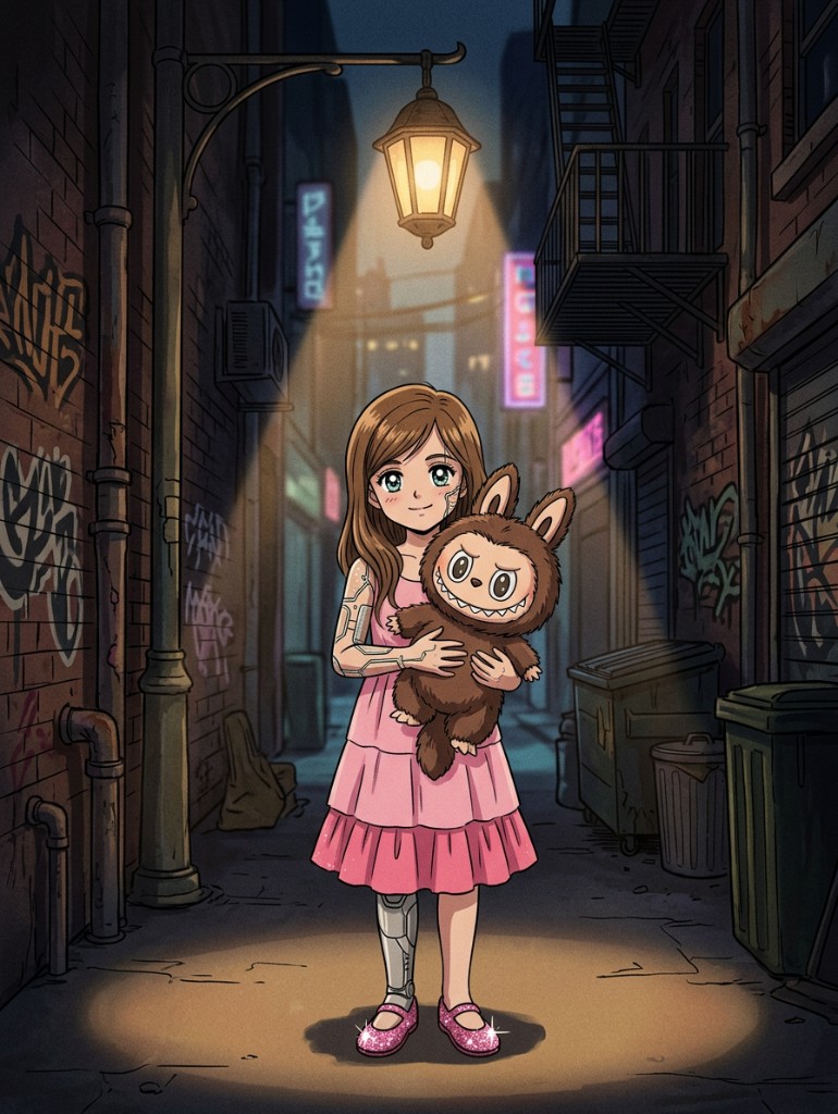 Cybernetic girl in alley spotlight