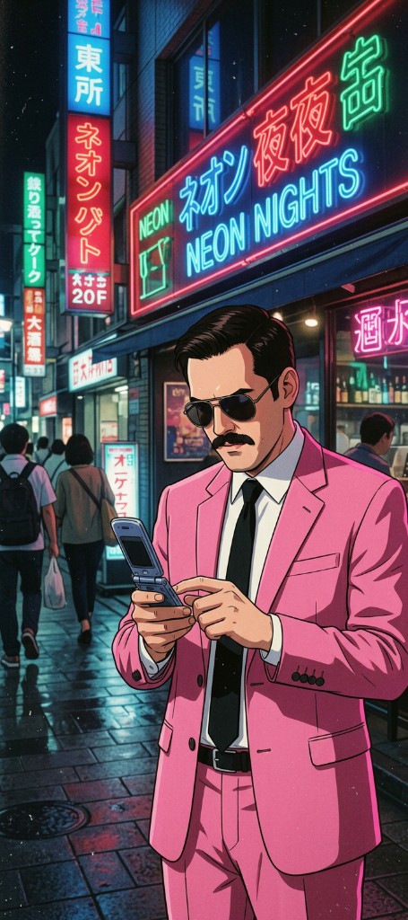 Pink suit on neon Tokyo street