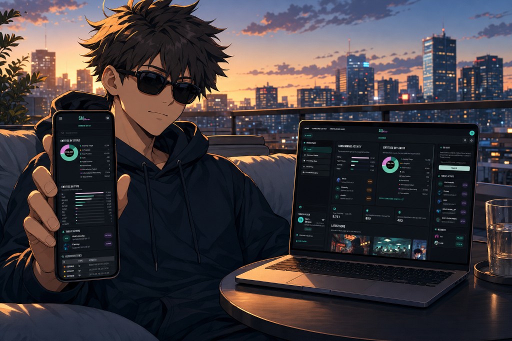 Analyst using SAI Secure on laptop and mobile for threat hunting and SOC triage